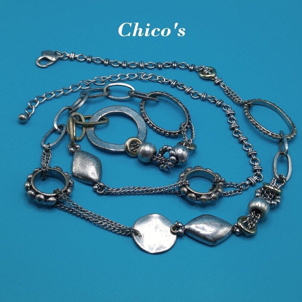 Chico's Distressed Silver Gold Tone Long Necklace, 42" Necklace or Belt